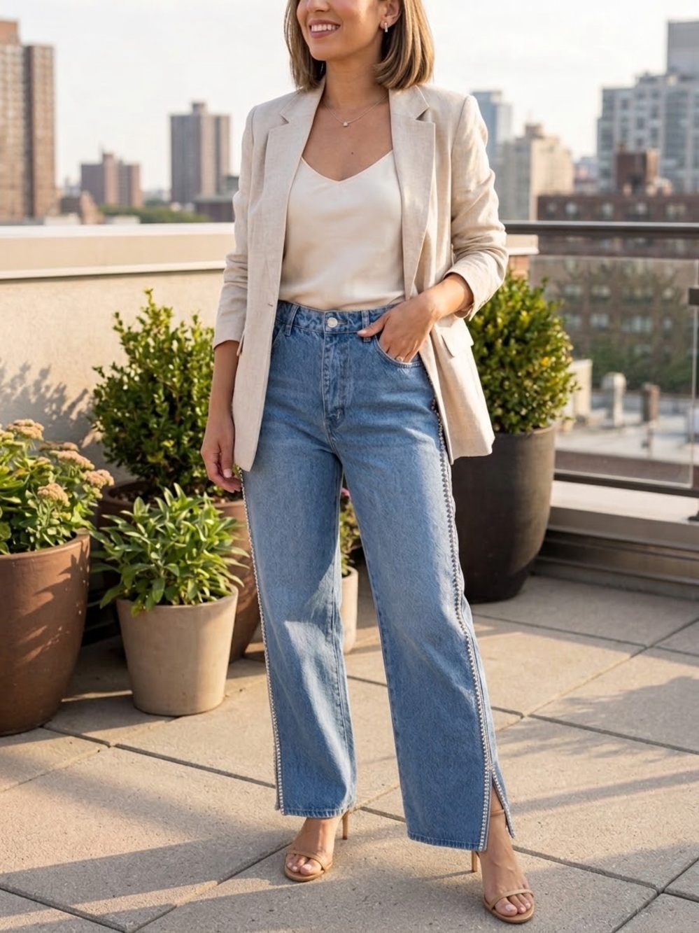 Oh Polly Size 8 High-Waisted Straight Leg Rhinestone Split Hem Jeans (NWT)